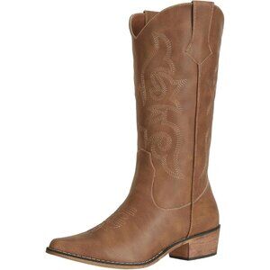 SheSole Western Boots Women Brown Faux Leather Square Toe Wide Mid Calf